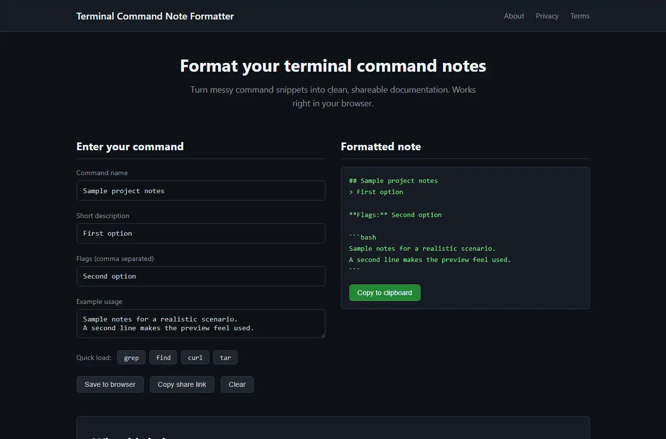 Screenshot of Terminal Command Note Formatter interface showing the project page in use